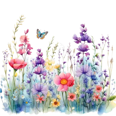 عکس دوربری گلدانی پر از گل های بهاری با رنگ های شاد و زنده در طراحی آبرنگی