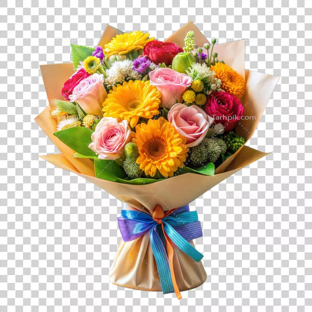 عکس دوربری گلی زیبا و رنگارنگ از گل های مختلط در بسته بندی کاغذی قهوه ای