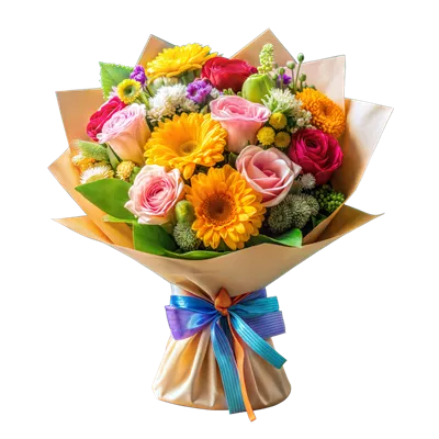 عکس دوربری گلی زیبا و رنگارنگ از گل های مختلط در بسته بندی کاغذی قهوه ای