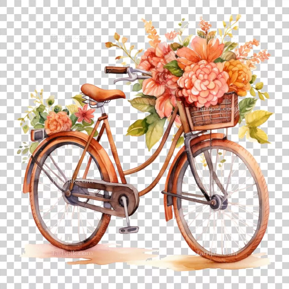 عکس دوربری تصویری زیبا از دوچرخه آبی رنگ با گل های رنگارنگ در طراحی آبرنگی