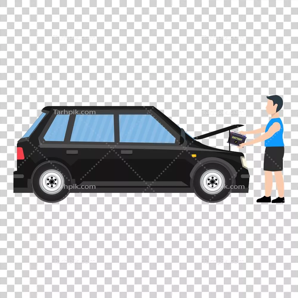 عکس دوربری مردی در حال تعویض باتری خودرو در یک خیابان شهری شلوغ