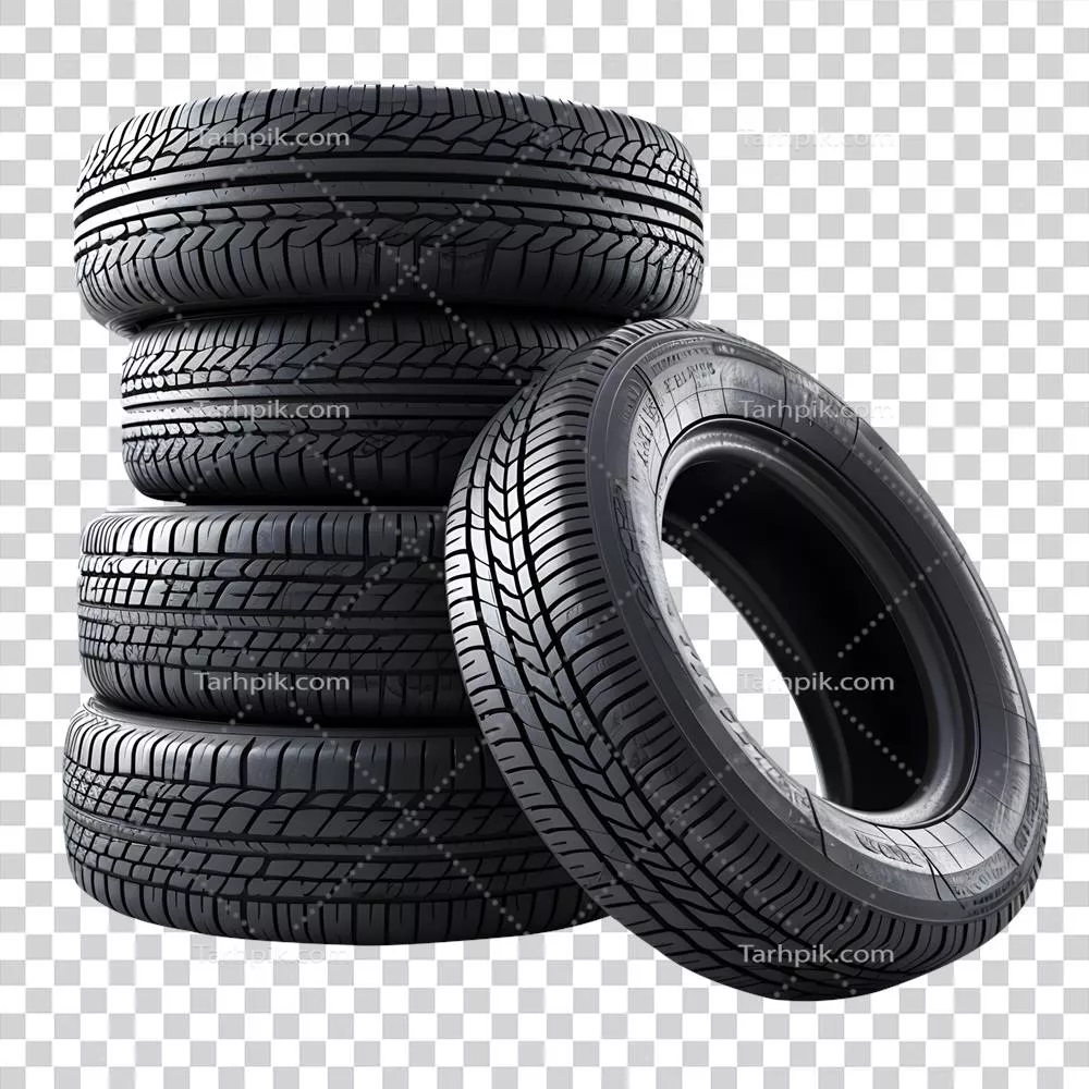 عکس دوربری چیدمان خلاقانه لاستیک ها به صورت انبوه و جذاب در پس زمینه شفاف