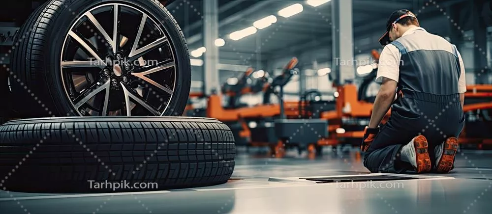 عکس تعویض لاستیک در مرکز خدمات تعمیرات خودرو با فضایی برای متن