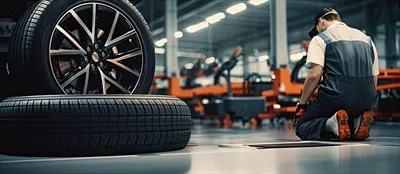 عکس تعویض لاستیک در مرکز خدمات تعمیرات خودرو با فضایی برای متن