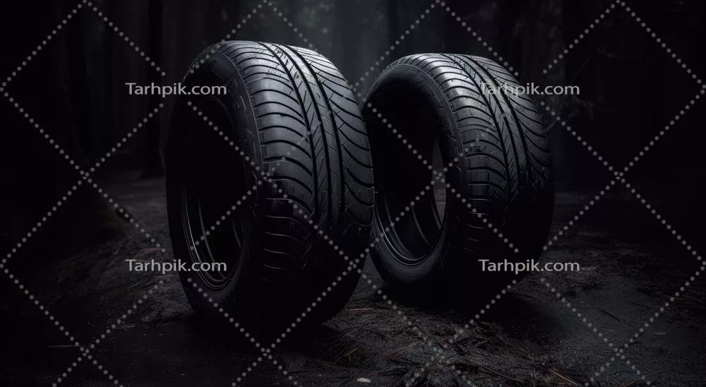 عکس گروهی از لاستیک های جدید خودرو با طراحی آج نامتقارن در پس زمینه تاریک