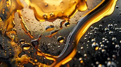 عکس تصویری نزدیک از مایع طلایی با حباب ها بر روی سطح تاریک