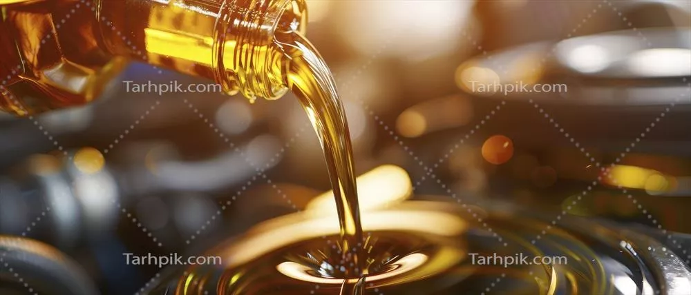 عکس ریختن روغن از ظرف به محفظه موتور با پس زمینه ای محو و قطعات خودرو در کانون توجه