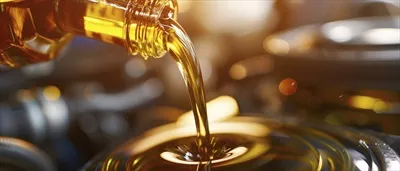 عکس ریختن روغن از ظرف به محفظه موتور با پس زمینه ای محو و قطعات خودرو در کانون توجه