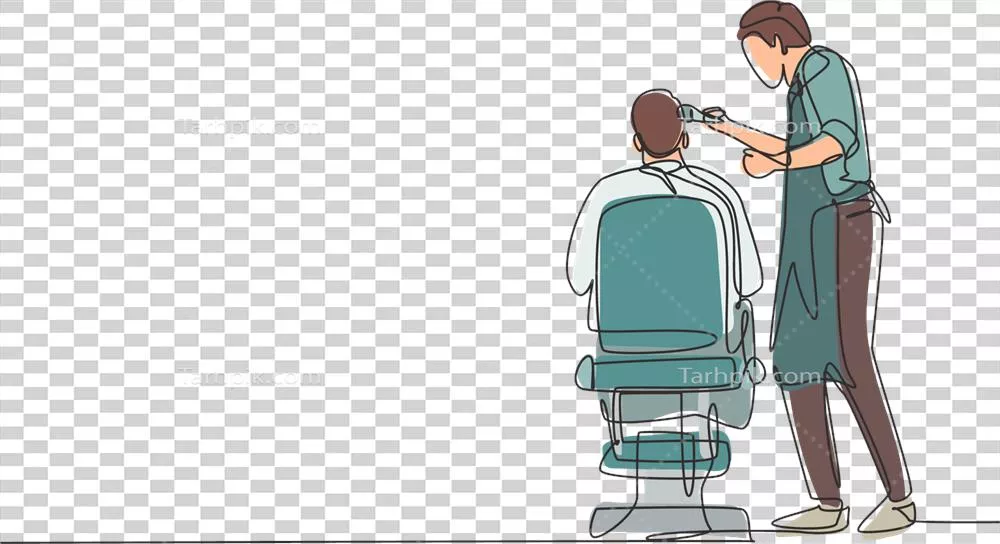 عکس دوربری طراحی خطی مداوم از آرایشگر خوش تیپ در حال کوتاه کردن موهای یک مشتری جوان