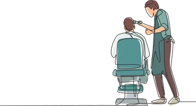 عکس دوربری طراحی خطی مداوم از آرایشگر خوش تیپ در حال کوتاه کردن موهای یک مشتری جوان