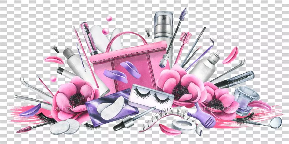 عکس دوربری کیف آرایشی صورتی با ابزارهای حرفه ای برای اکستنشن مژه و لمینت