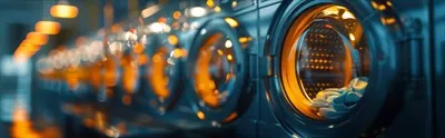 عکس تصویری از ردیف ماشین های لباسشویی در یک اتاق مدرن و کاربردی
