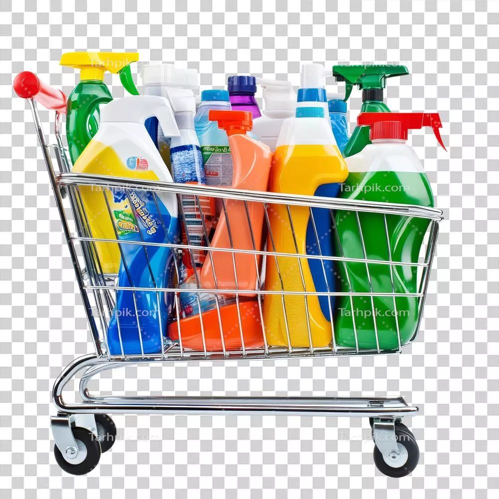 عکس دوربری سبد خرید پر از محصولات شوینده خانگی برای خرید در فروشگاه
