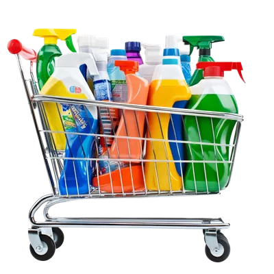 عکس دوربری سبد خرید پر از محصولات شوینده خانگی برای خرید در فروشگاه