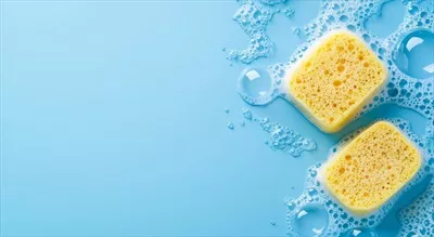 عکس اسفنج تمیزکننده در میان حباب ها بر روی سطح آبی در نور روز