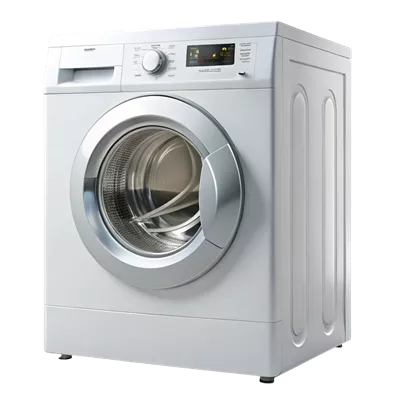 عکس دوربری ماشین لباسشویی اتوماتیک سفید با ویژگی های پیشرفته و درام بزرگ استیل ضد زنگ
