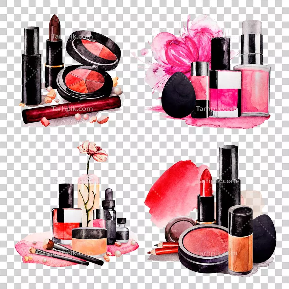 عکس دوربری مجموعه ای از لوازم آرایشی با طراحی آبرنگی شامل رژ لب، ریمل و سایه چشم
