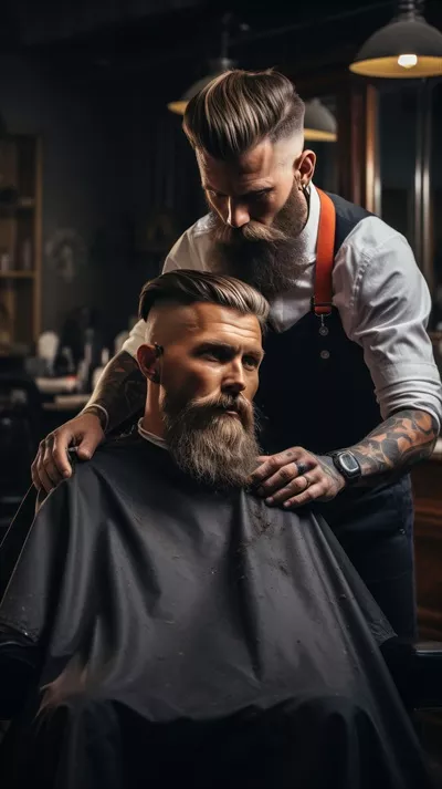 عکس آرایشگر در حال اصلاح و مرتب کردن ریش مرد با ماشین اصلاح