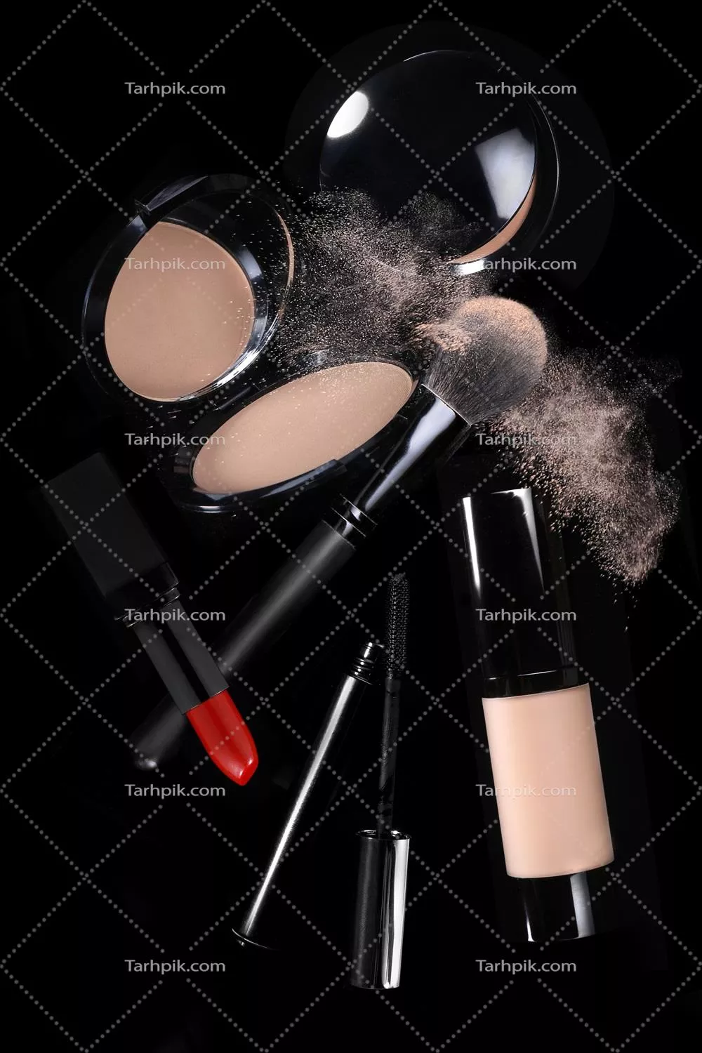 عکس محصولات آرایشی شامل پودر فشرده، رژ لب و ریمل با کیفیت بالا