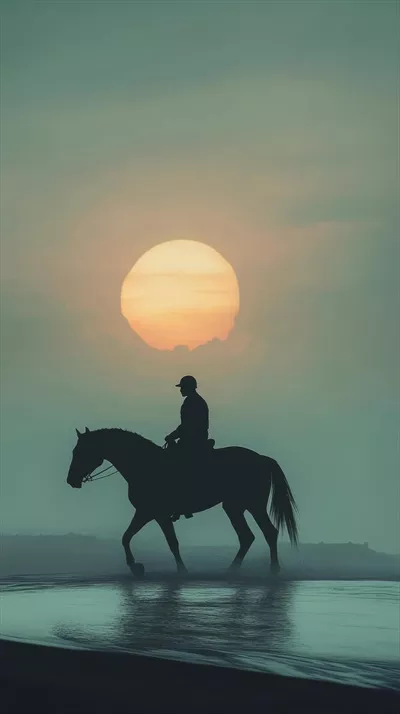 عکس سایه نمایی از یک مرد در حال سوارکاری بر روی اسب در ساحل در غروب آفتاب