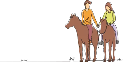 عکس دوربری طراحی خطی پیوسته از یک زوج در حال سوارکاری در غروب آفتاب