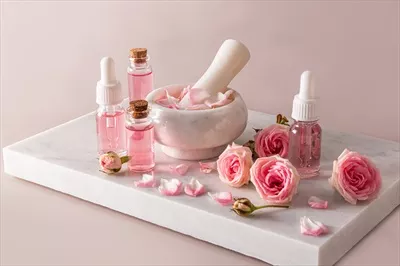 عکس مجموعه ای از لوازم آرایشی طبیعی برای مراقبت از پوست صورت و بدن با پایه روغن گل سرخ