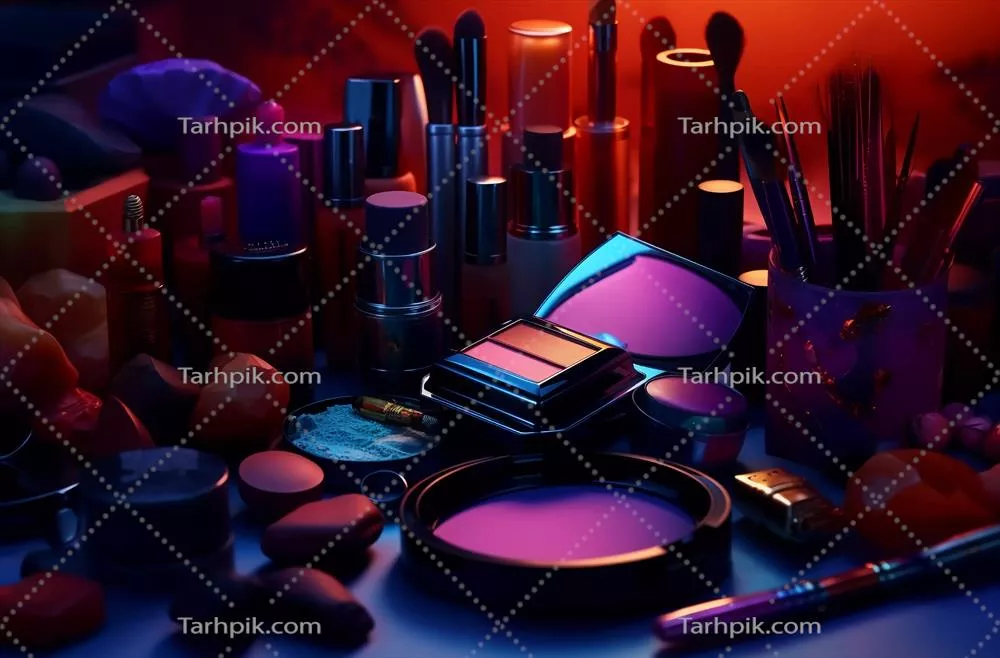 عکس مجموعه ای از محصولات آرایشی شامل رژ لب و ماسکارا با طراحی هنری