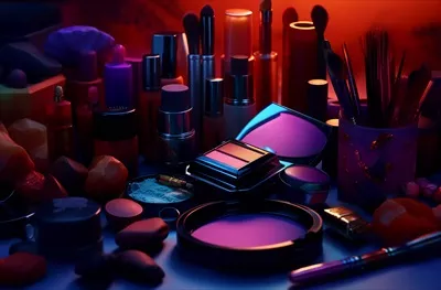 عکس مجموعه ای از محصولات آرایشی شامل رژ لب و ماسکارا با طراحی هنری