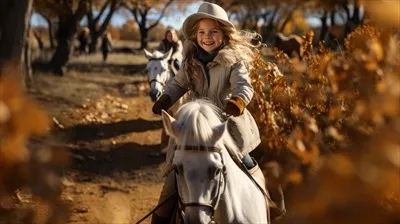 عکس دختر بچه ای که در جنگل پاییزی بر روی اسب سفید سوار است