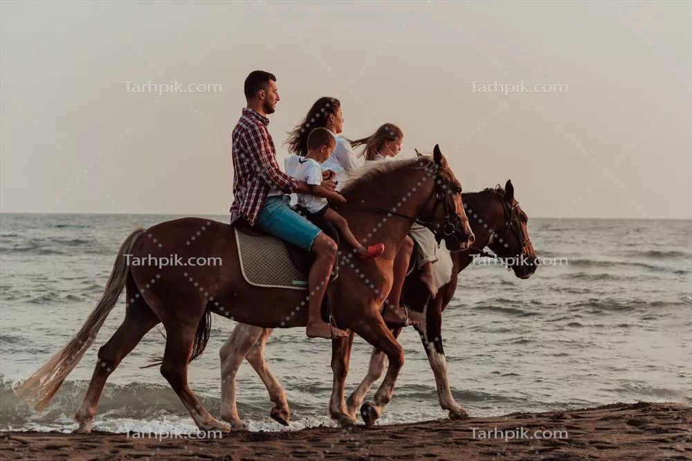 عکس خانواده ای که در کنار هم بر روی سواحل شنی با اسب ها وقت می گذرانند