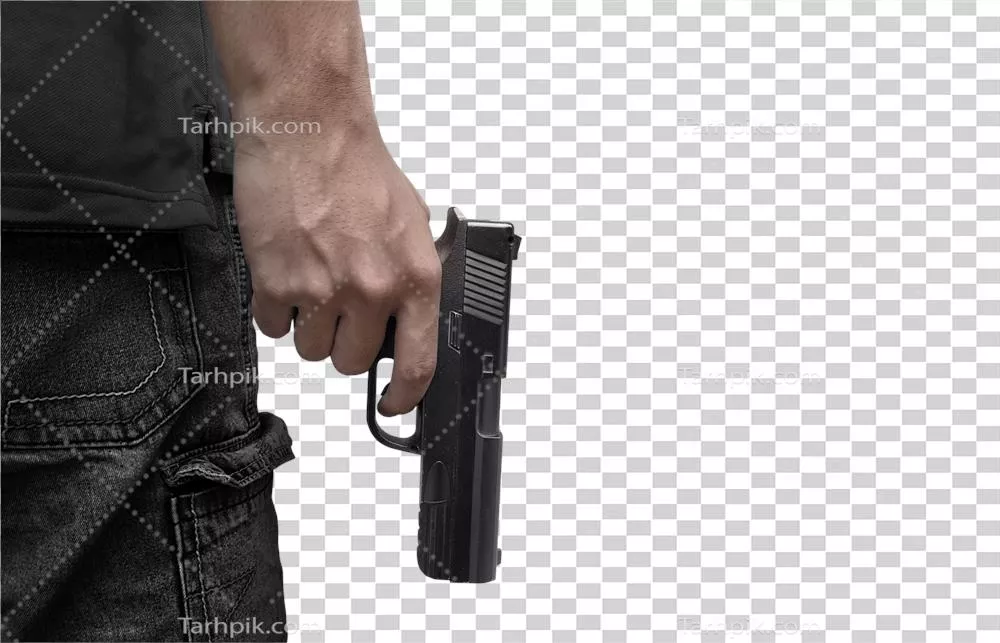 عکس دوربری تصویری از یک قاتل با اسلحه در پس زمینه شفاف و جذاب