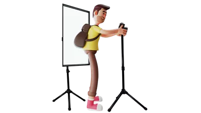 عکس دوربری شخصیت کارتونی 3D از یک عکاس جوان و سخت کوش در حال کار در دفتر