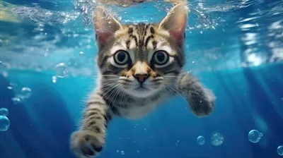 عکس گربه ای زیبا که در زیر آب شنا می کند - تصویر هنری و جذاب