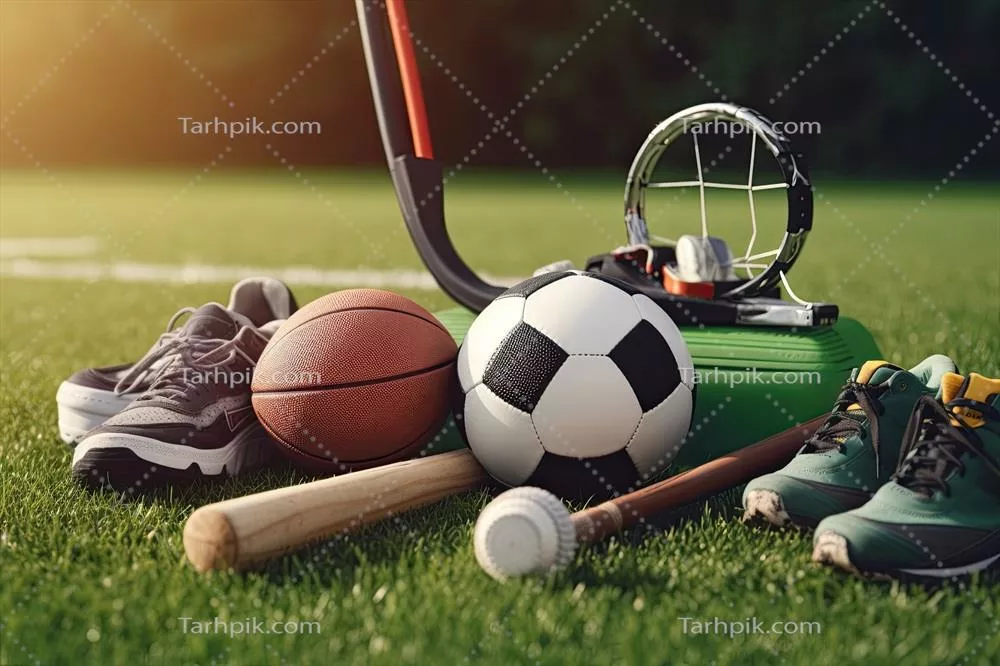 عکس تجهیزات ورزشی متنوع بر روی چمن سبز: فوتبال، بسکتبال و تنیس