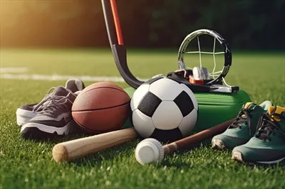 عکس تجهیزات ورزشی متنوع بر روی چمن سبز: فوتبال، بسکتبال و تنیس
