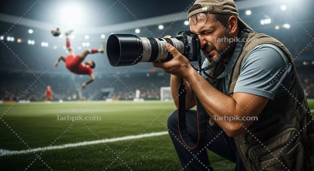 عکس تصویری از یک مرد در حال عکاسی از یک بازیکن فوتبال در زمین