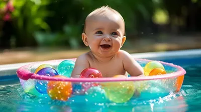 عکس کودک شاد در حال بازی در استخر در تعطیلات تابستانی