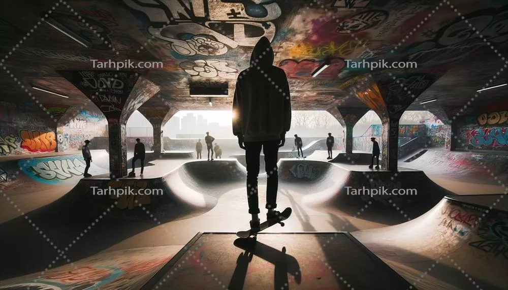 عکس اسکیت بردری که در پارک اسکیت آماده اجرای حرکات نمایشی است