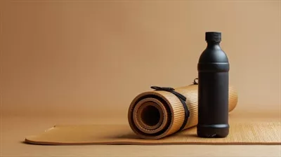 عکس بطری آب در کنار دو تشک یوگا جمع شده برای تمرینات ورزشی