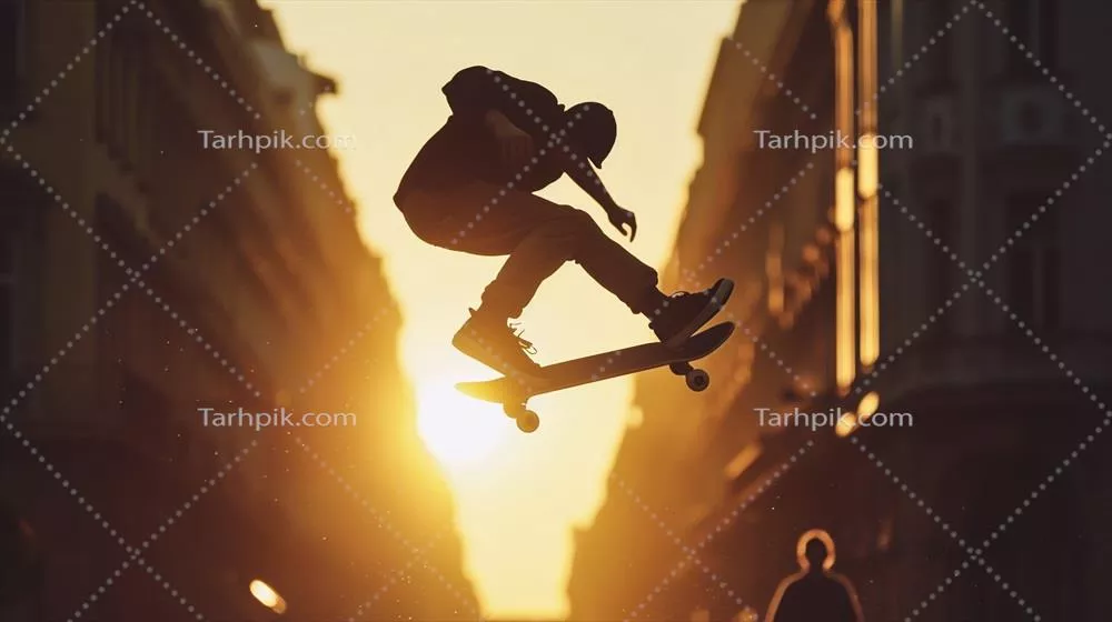 عکس تصویری از اسکیت سوار در حال پرش بر روی خیابان در غروب آفتاب