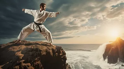 عکس رزمی کار تنها در لباس سفید بر روی صخره ای در ارتفاعات