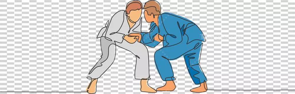 عکس دوربری تصویری از دو جودوکار جوان و ورزشی در حال تمرین مهارت های جودو