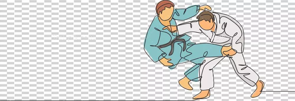 عکس دوربری تصویری از دو جودوکار جوان و ورزشی در حال تمرین مهارت های جودو
