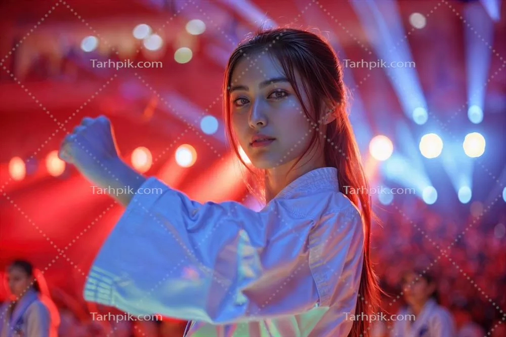 عکس زنی جوان و با اعتماد به نفس در حال مبارزه کاراته در یک رویداد پرشور