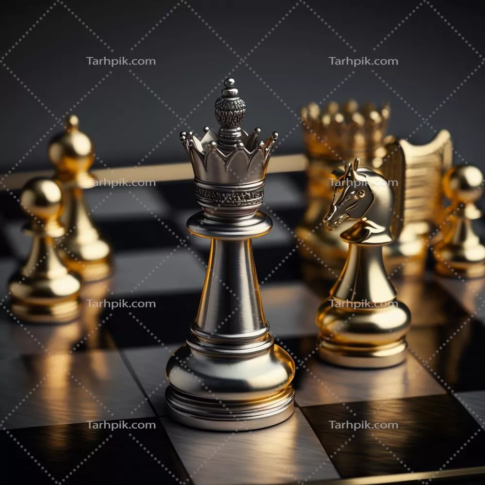 عکس تصویری از شطرنج طلا و نقره بر روی تخته شطرنج به عنوان نماد رهبری و کسب و کار
