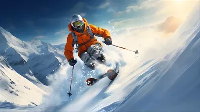 عکس اسکی باز در لباس نارنجی در زیر آفتاب درخشان و آسمان آبی