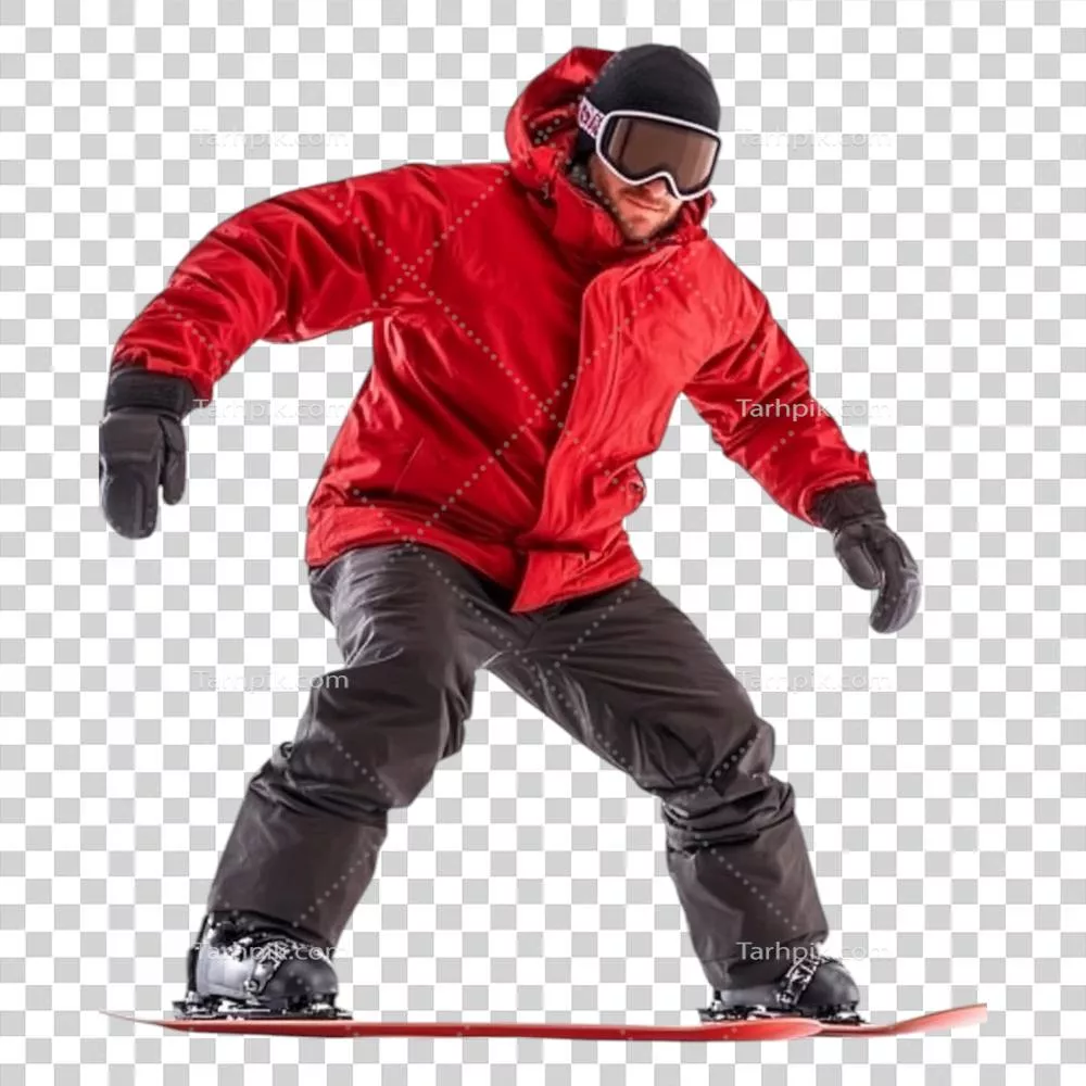 عکس دوربری اسکی باز فعال در دامنه برفی با ژاکت قرمز روشن و هیجان انگیز