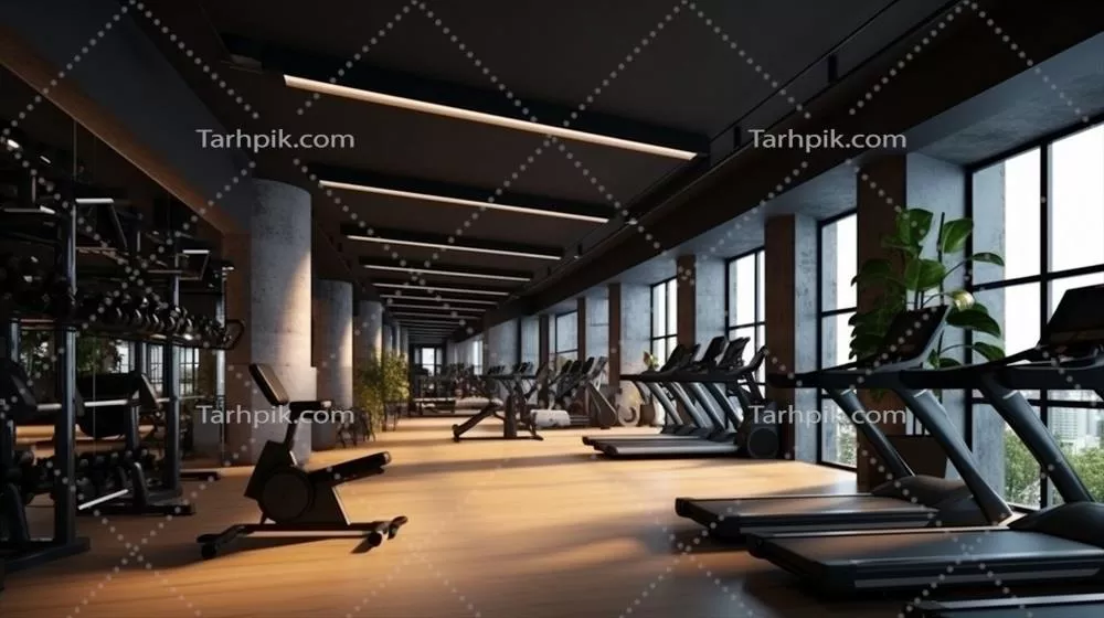 عکس تصویری از یک باشگاه مدرن و شیک با طراحی سه بعدی و تجهیزات ورزشی