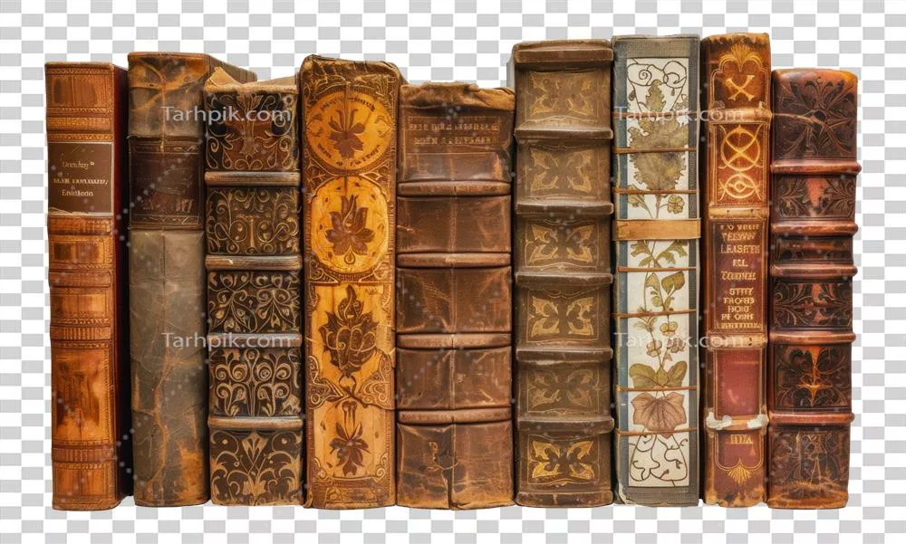 عکس دوربری کتابخانه ای با جلدهای چرمی تزئین شده و طراحی های پیچیده