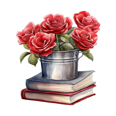 عکس دوربری گلدانی پر از گل های سرخ در کنار کتاب های قدیمی و زیبا